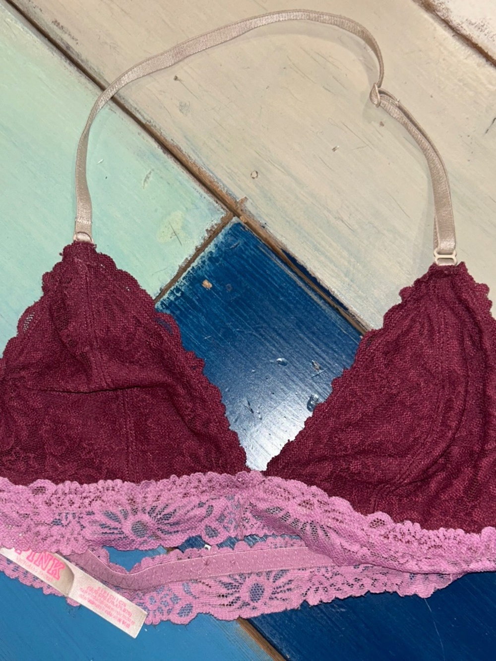 PINK Victoria's Secret Lace Bralette Burgundy & Pink Lace Wireless Triangle Bra